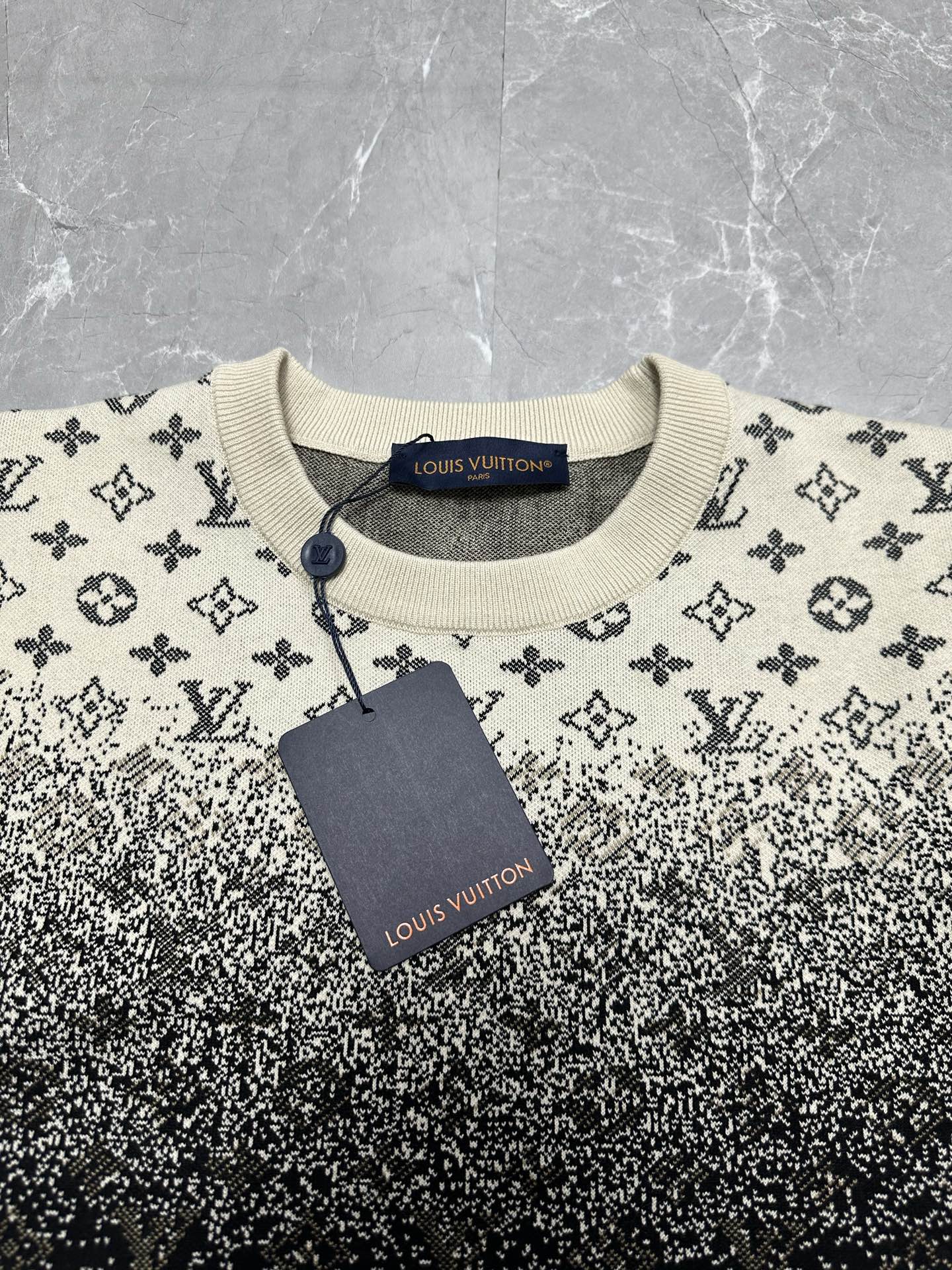 Crewneck sweater with ribbed neckline, beige and black monogram knit pattern