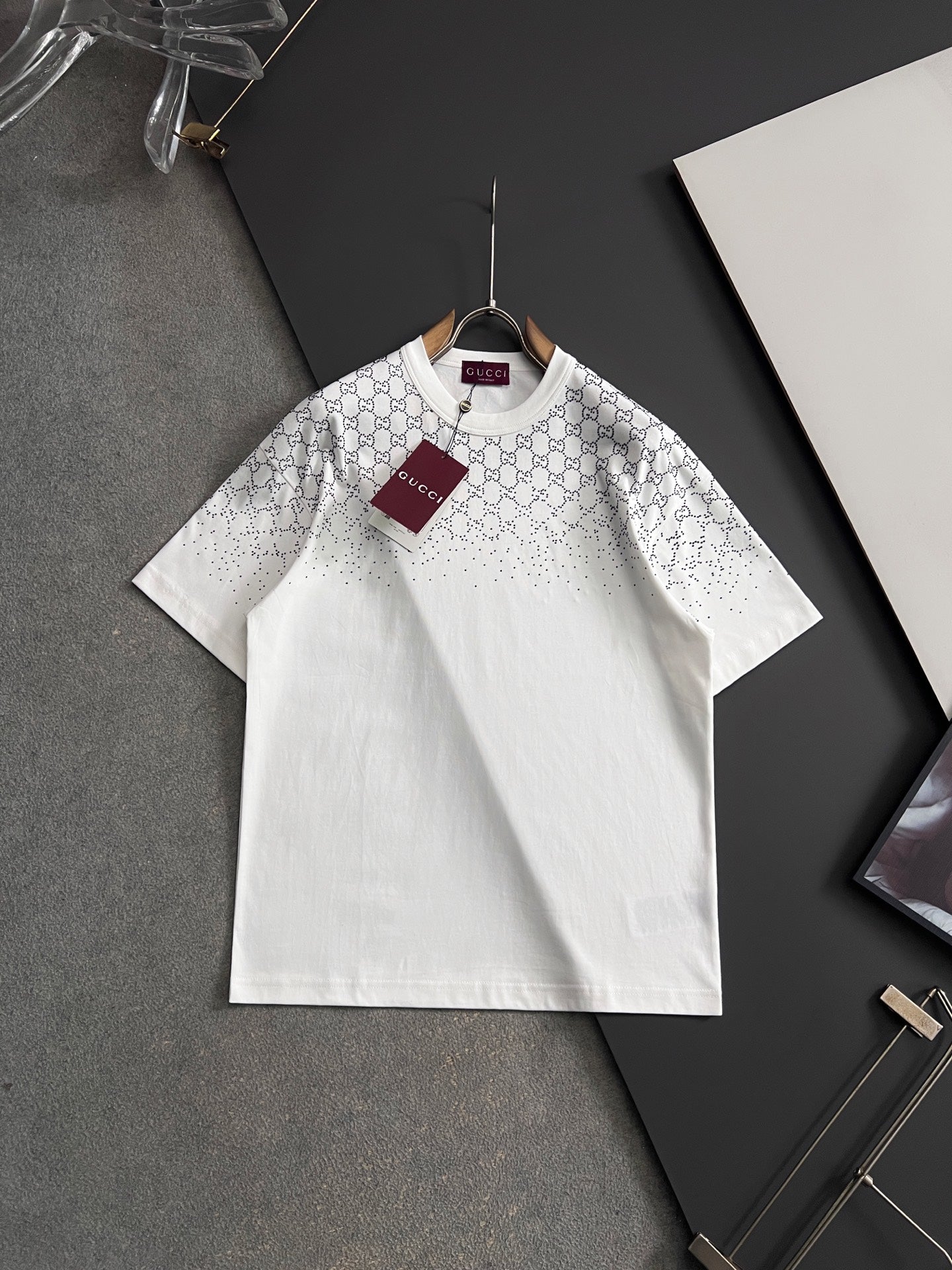 Gucci short-sleeve T-shirt, white with GG-style allover print and crew neck