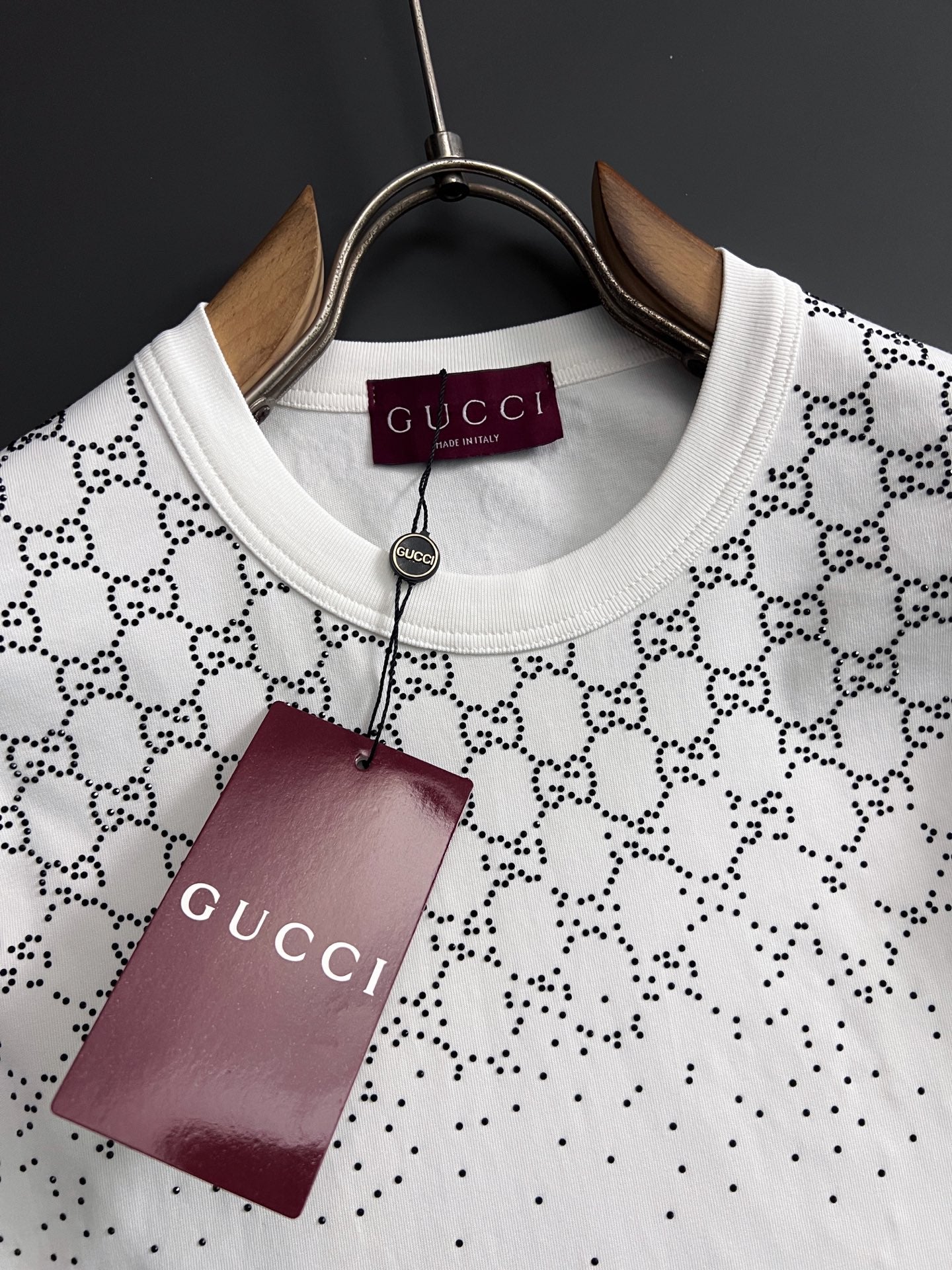 Gucci crew-neck T-shirt, white GG monogram pattern, maroon brand tag