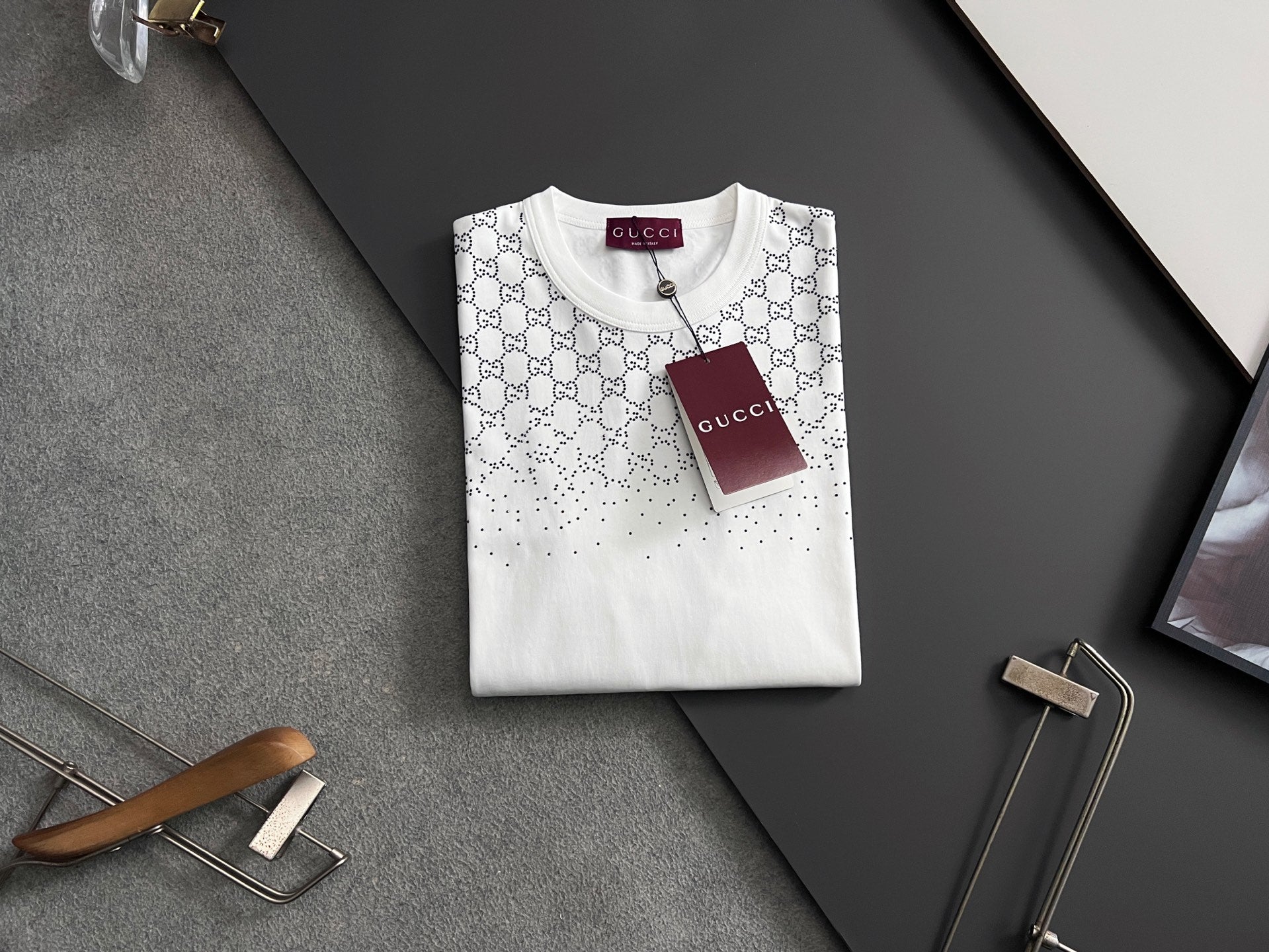 Gucci short-sleeve T-shirt on hanger, white GG monogram print, crew neck