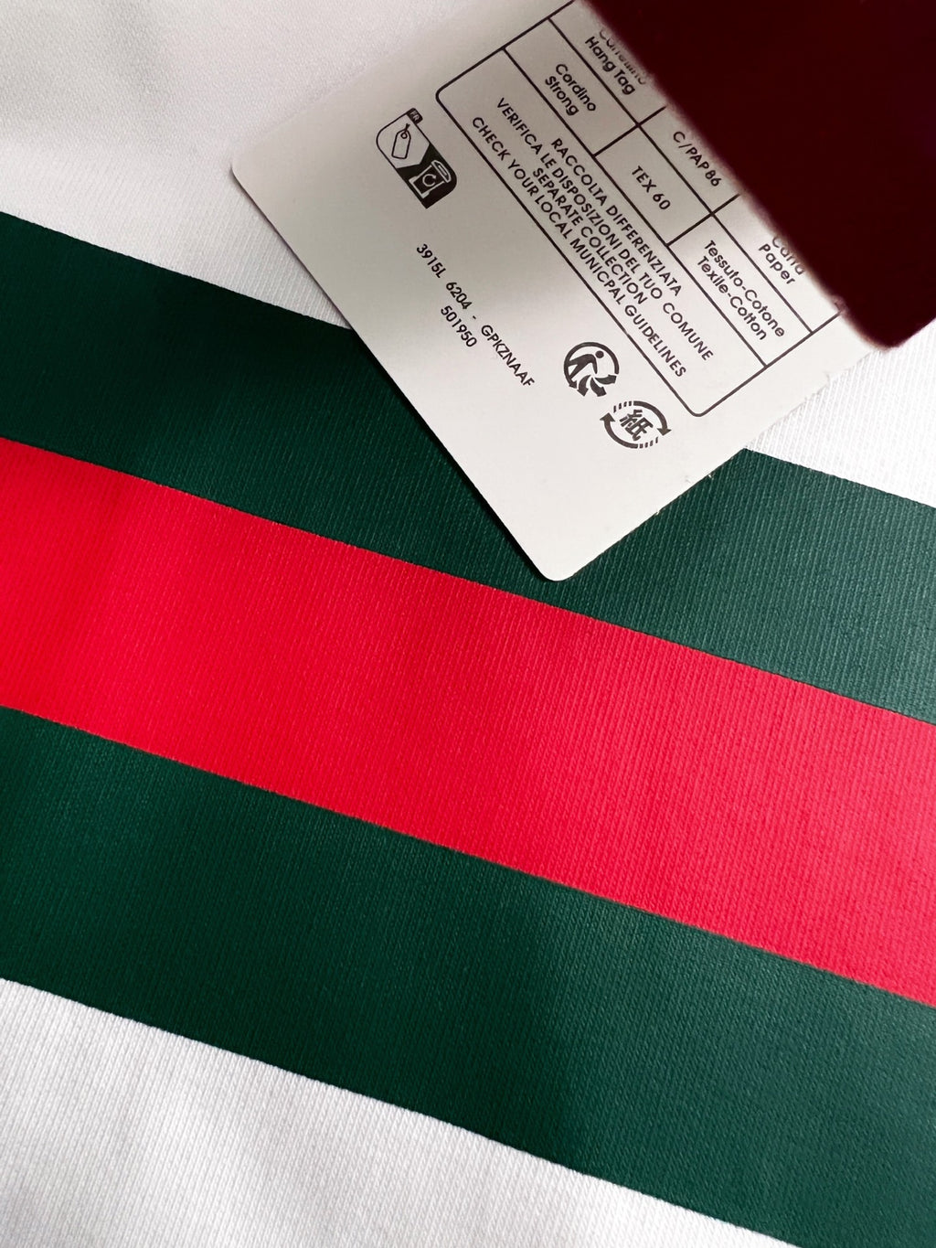 T-shirt interior care label with multicolor stripe print