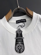 White short-sleeve T-shirt neckline with inner label and crest hang tag