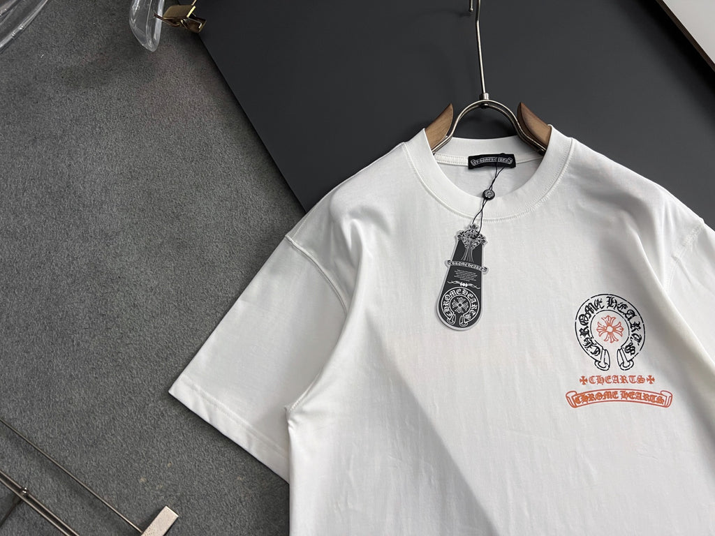White short-sleeve T-shirt close view of neckline and crest patch print