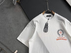 White short-sleeve T-shirt close view of neckline and crest patch print