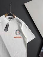 White short-sleeve T-shirt with front crest logo and hanging tag