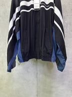 Balenciaga zip jacket front, white wave stripe design over black with blue sleeves
