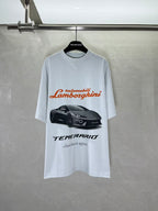 Light blue short-sleeve T-shirt with Lamborghini and car graphic print