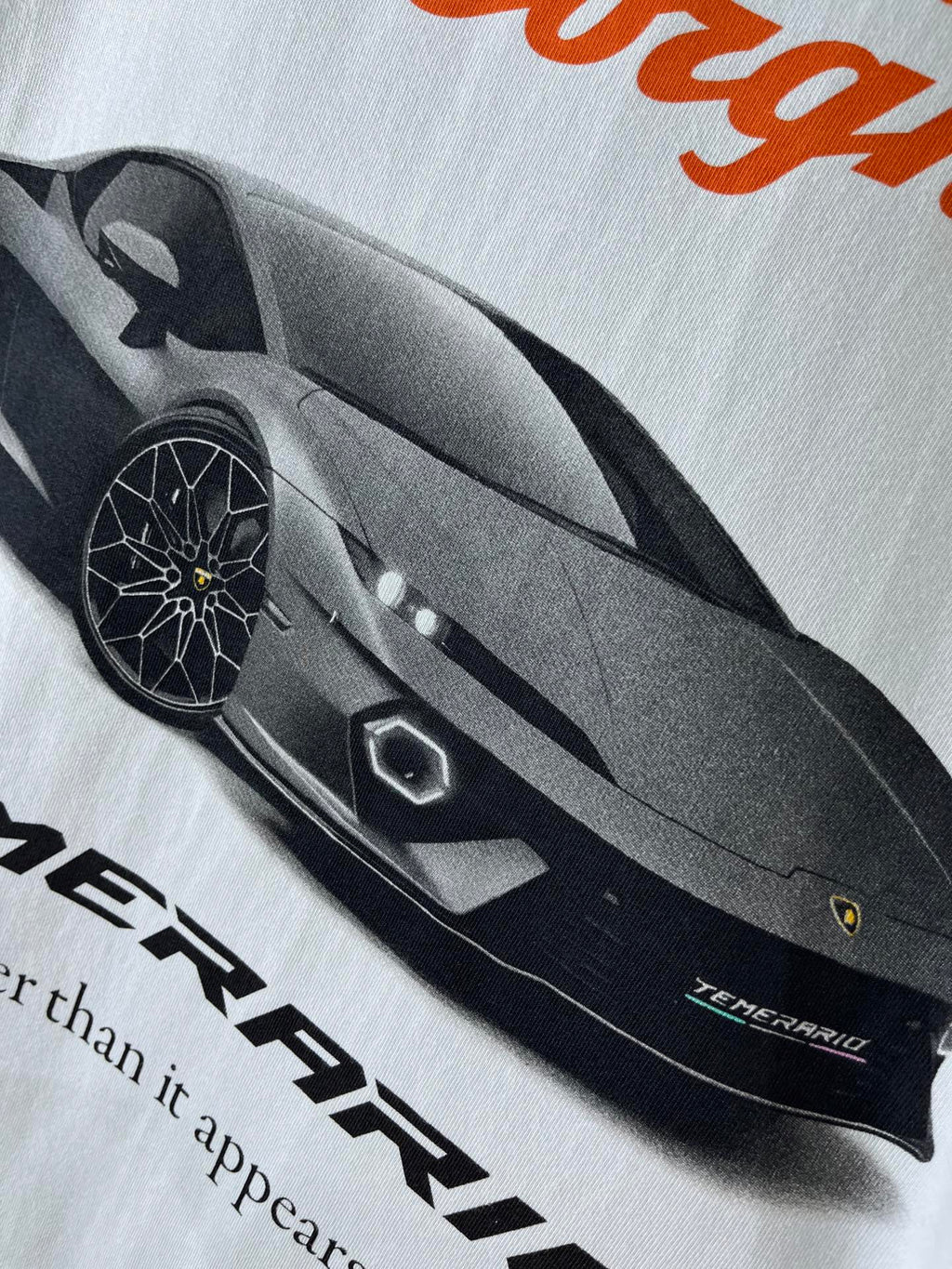 Light blue T-shirt with black Lamborghini car and RACING graphic