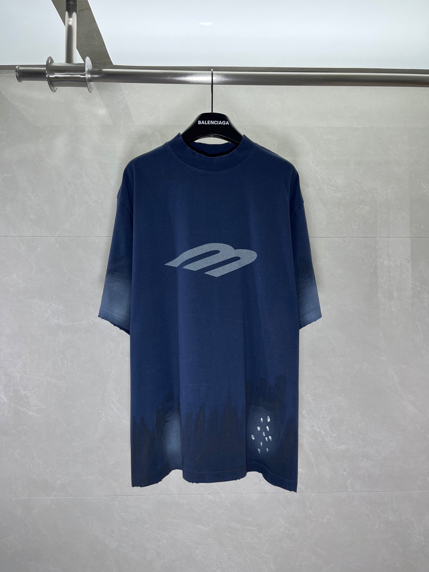 Navy crew-neck T-shirt with BALENCIAGA logo and grey graphic on chest