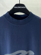 Navy crew-neck T-shirt with ribbed collar and BALENCIAGA text at neckline