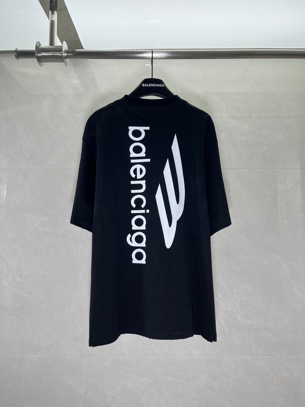 Dark navy T-shirt with large back print and 'balenciaga' lettering