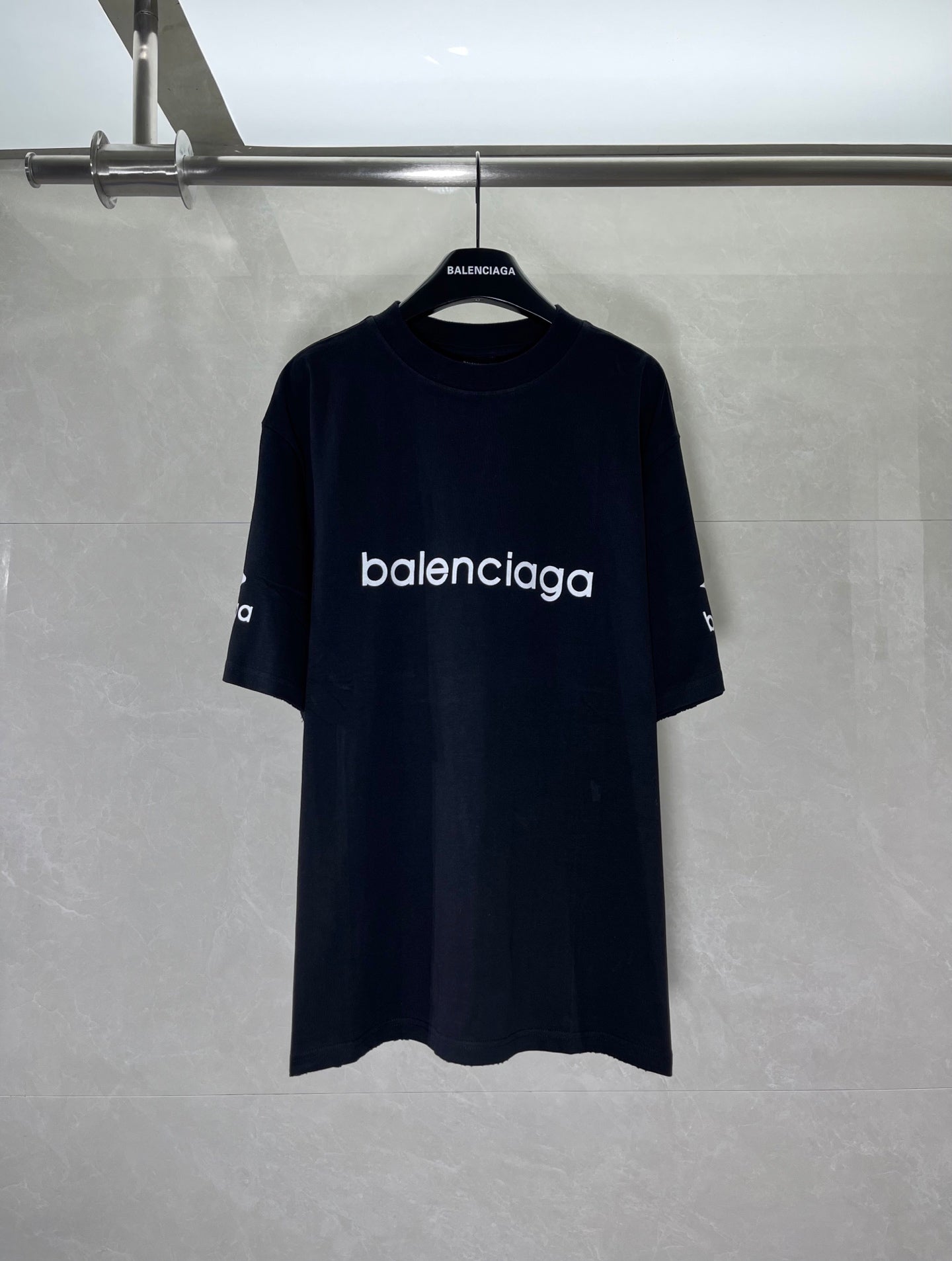 Balenciaga dark navy T-shirt with front logo print, crew neck, short sleeves