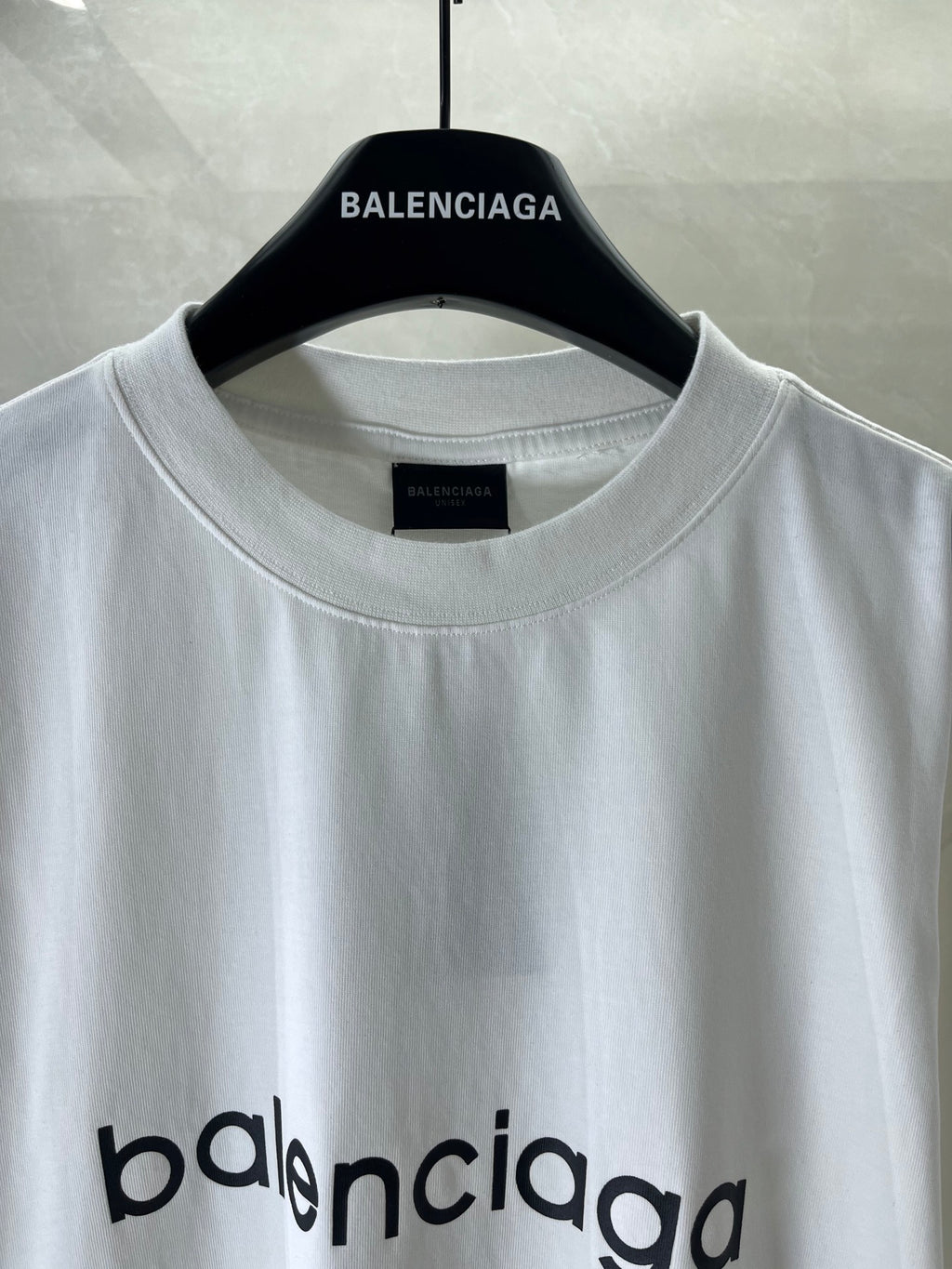 White crew-neck T-shirt neckline and chest Balenciaga logo print, short sleeves