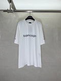 White crew-neck T-shirt with Balenciaga logo print at chest, short sleeves