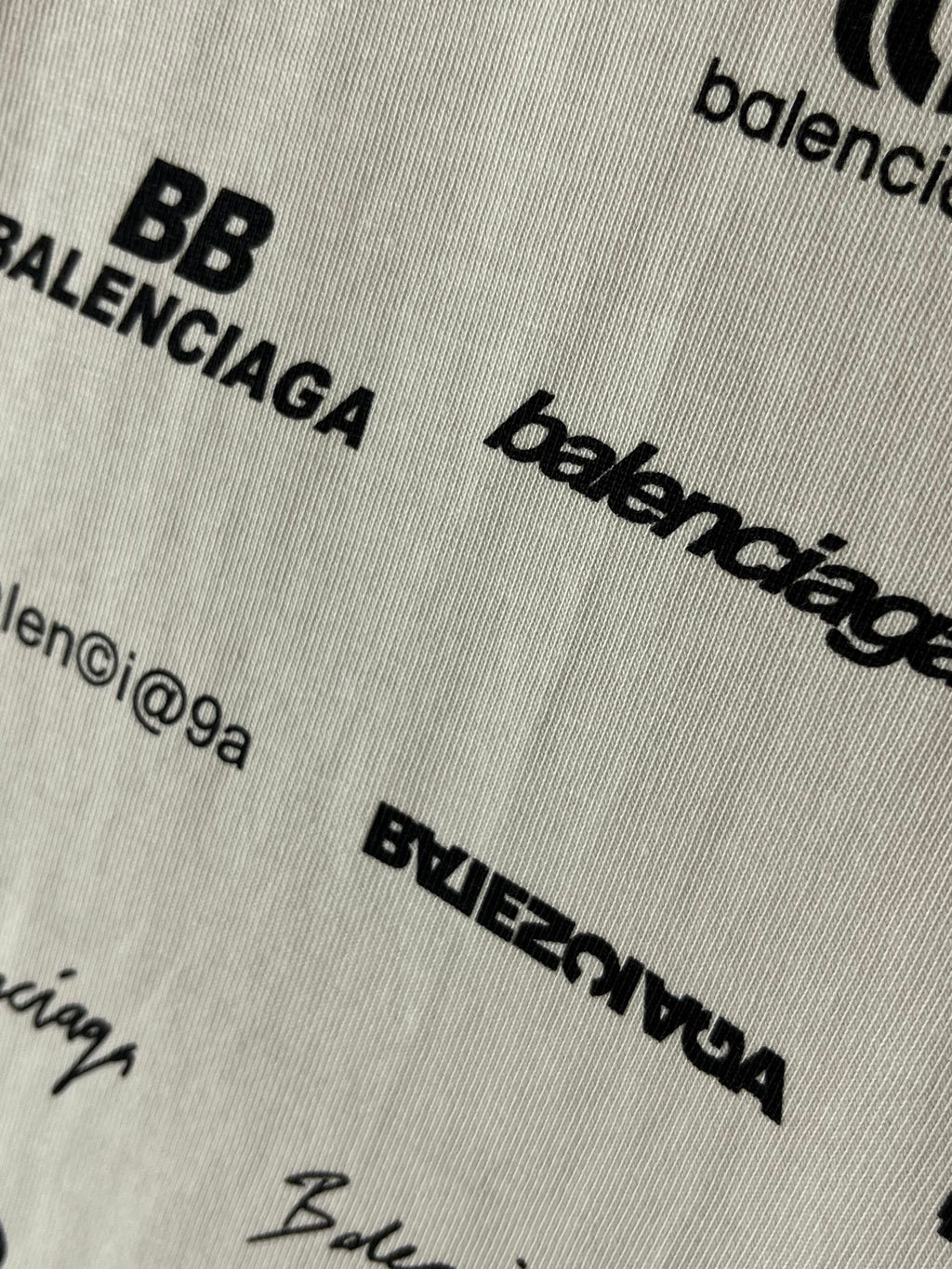 Close-up fabric showing Balenciaga and balenciaga text-style prints