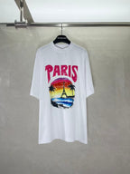 Balenciaga white T-shirt with multicolor “PARIS” graphic and palm tree print