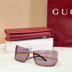 Gucci square sunglasses with gold frame, mauve tinted lenses, dark temples