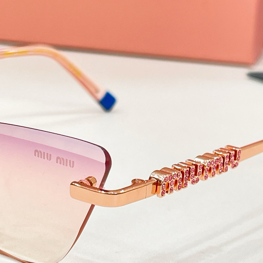 MiuMiu cat-eye glasses close-up, gold chain temple detail with blue tip