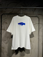 White Balenciaga T-shirt with blue drip logo graphic, short sleeves, crew neck