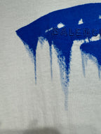 White Balenciaga T-shirt with blue drip logo pattern detail on knit fabric