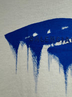White Balenciaga T-shirt with blue drip logo and distressed BALENCIAGA lettering
