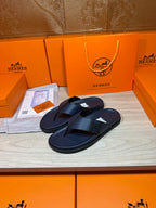 Hermes dark blue leather flip-flop sandals, pair with wide top strap