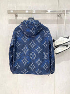 Blue zip-up hooded jacket with white repeating tree diamond pattern