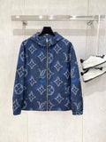 Blue zip-up hooded jacket with white diamond tree pattern