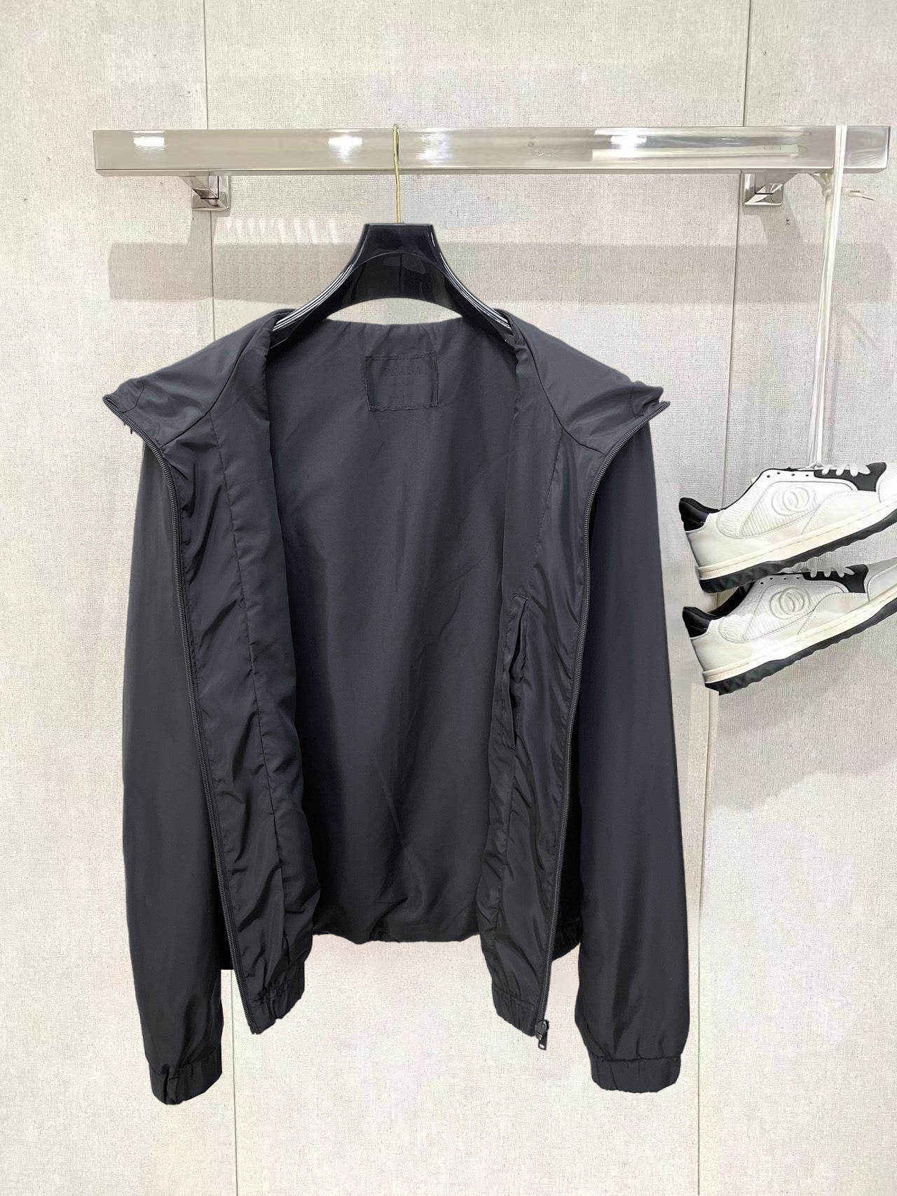 Prada long black hooded windbreaker jacket back with seam details