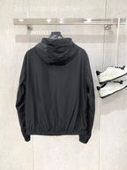 Prada long black hooded windbreaker jacket from back view