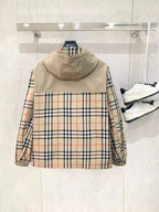 Hooded jacket back view with beige body, plaid sleeves, and full zip