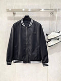 Black leather bomber jacket with striped ribbed collar and cuffs, zip front