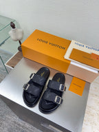 Louis Vuitton sandals with dark straps and silver square buckles, LV monogram pattern