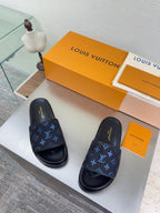 Louis Vuitton slide sandals, dark navy upper with blue monogram logo