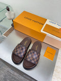 Louis Vuitton damier check slide sandals, brown leather upper and cushioned footbed.