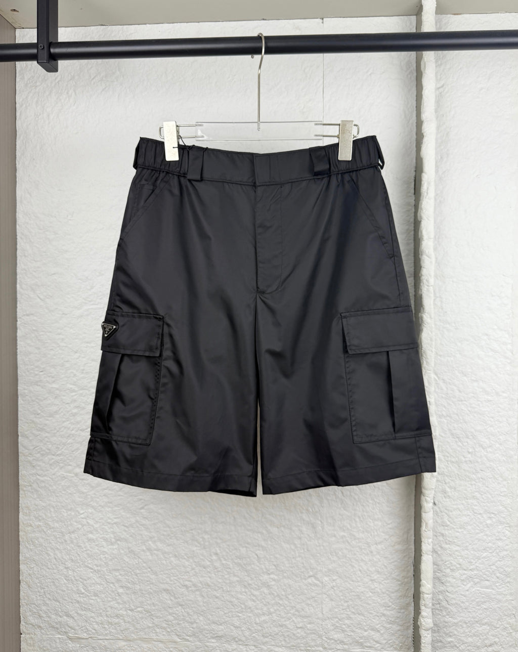 Prada black cargo shorts with drawstring waist and side pockets