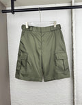 Olive cargo shorts with elastic waistband and side pockets