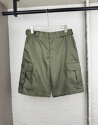 Olive cargo shorts with elastic waistband and side pockets