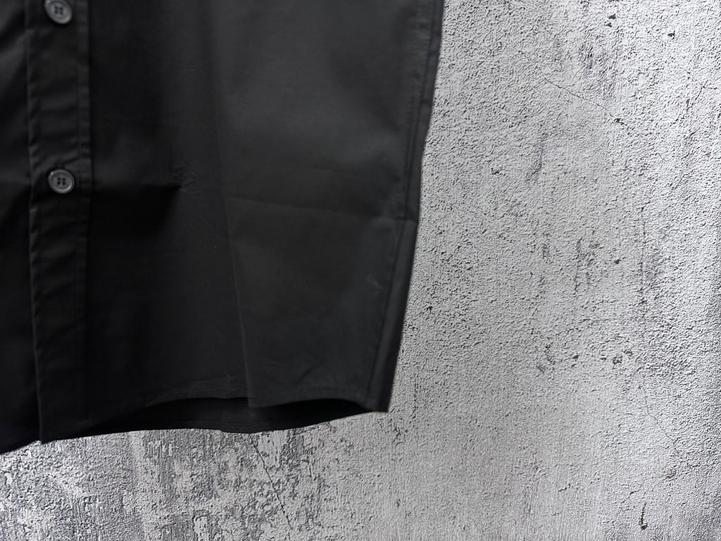 Black shirt front panel with button placket and short sleeve hem