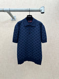 Dark navy polo shirt with GG monogram pattern, button placket, short sleeves