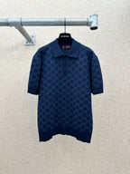 Dark navy polo shirt with GG monogram pattern, button placket, short sleeves