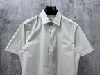 White short-sleeve button-up shirt front view with buttoned center placket