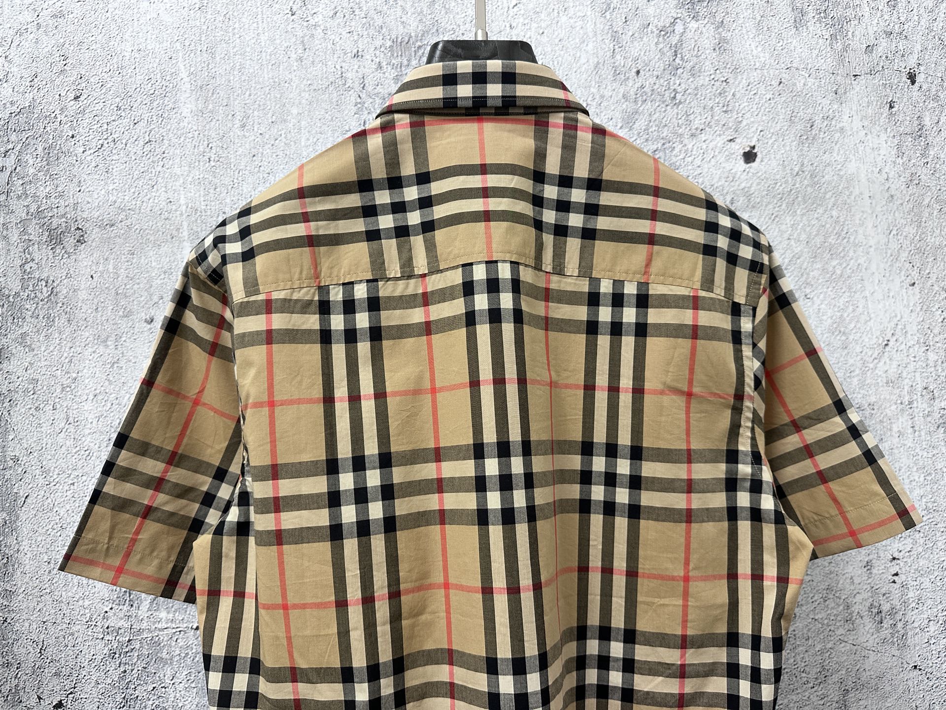 Burberry plaid short-sleeve shirt, back view with yoke and rear collar