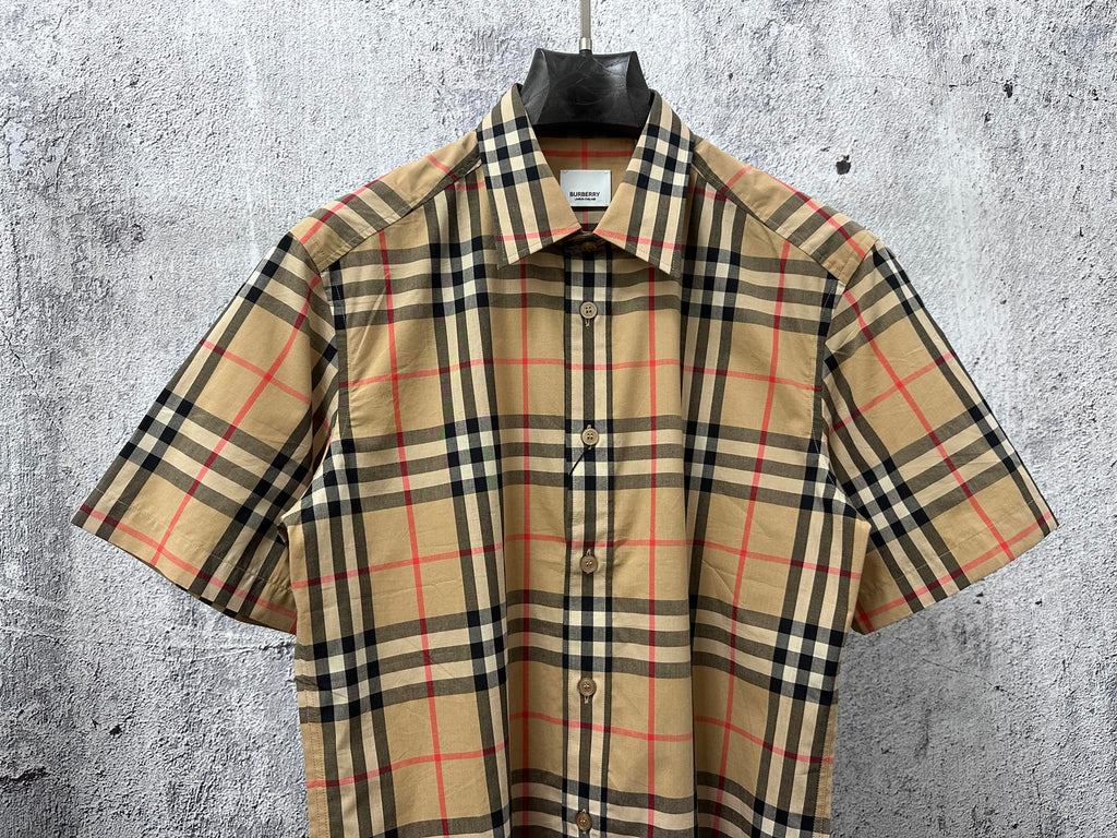 Burberry beige plaid short-sleeve shirt with button front and point collar