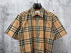 Burberry beige plaid short-sleeve shirt with button front and point collar