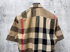 Back view shirt with short sleeves, beige, black, and red plaid