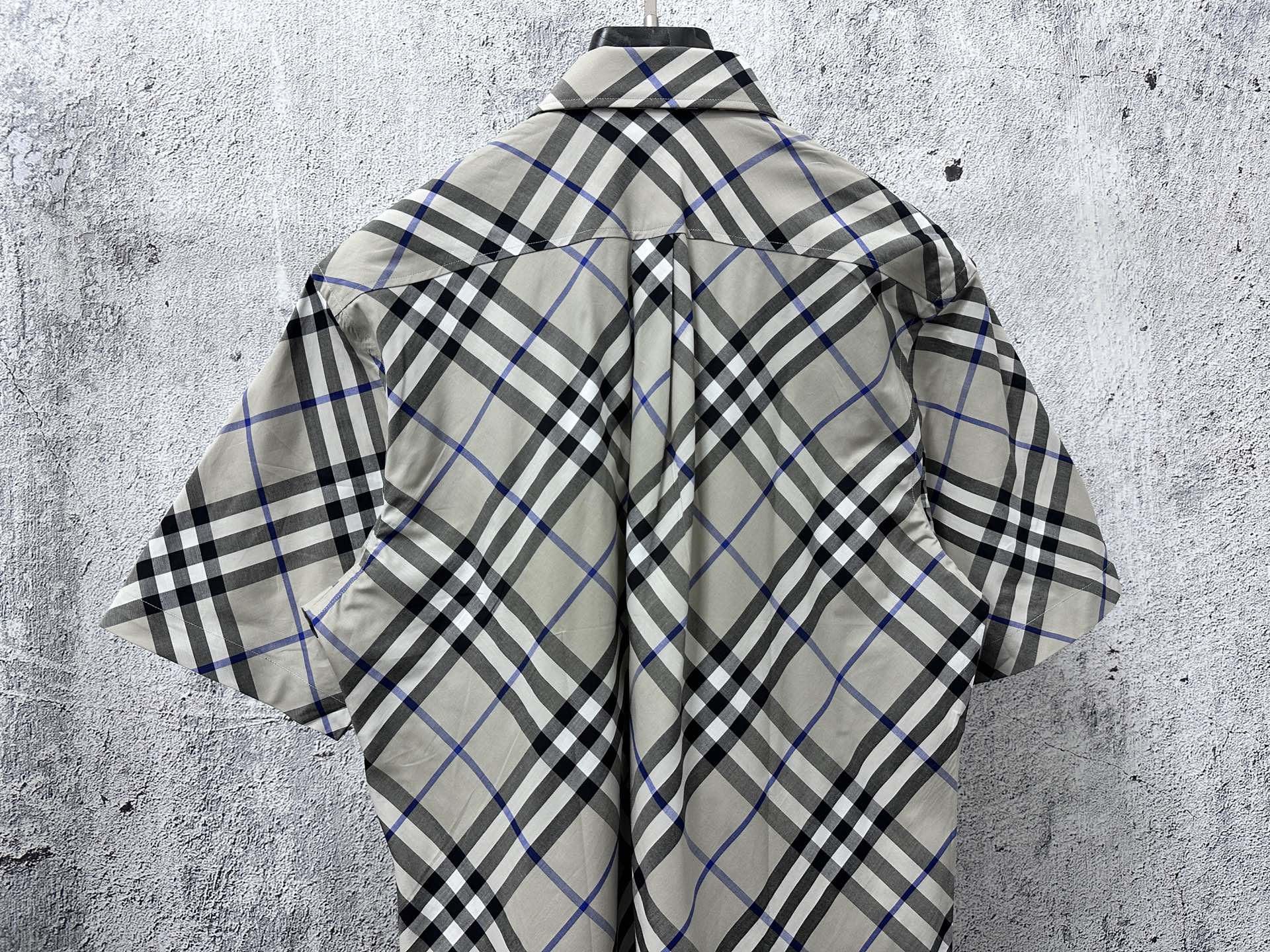 Burberry plaid short-sleeve button-up shirt, back view with yoke and pleat