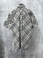 Burberry plaid short-sleeve button-up shirt, back view with center yoke seam