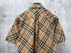 Plaid short-sleeve button-up shirt, beige with black and red, back drape
