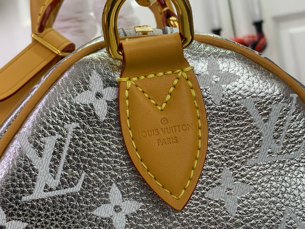 Louis Vuitton monogram bag with tan leather top emblem and gold trim